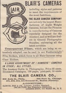 Antique 1800s Folding Blair Cameras Hawkeye Vintage Ad