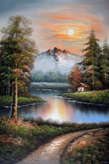 Mountain Sunset Hunting Fishing Cabin on Lake Stretched 24x36 Oil 