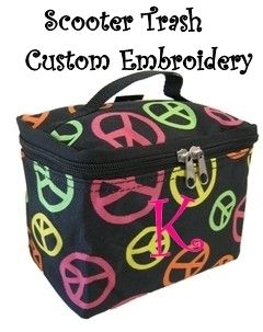 Cosmetic Case Makeup Bag Damask Black with Multi Color Peace Signs 