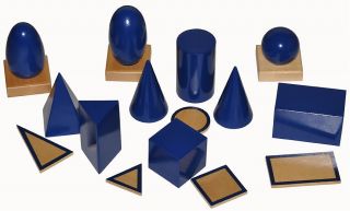 Montessori Material WOODEN GEOMETRIC SOLIDS with STANDS & STORAGE BOX 