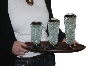   Rise Lift Crystal Ball Glass Set of 3 Candle Holder Teak Wood