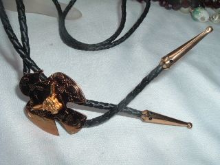 Vintage Southwest Copper Thunderbird Braided Black Leather Bolo Tie in 