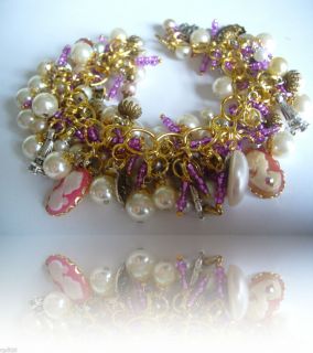 Pearl &VINTAGE Purple SEED Bead CHARM Bracelet VINTAGE Cameos& PEARLS 