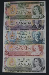 Canadian Paper Money Multicoloured from 1970s 20 10 5 2 1 Bills