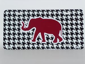 Alabama University Houndstooth Car Tag w Crimson Elephant