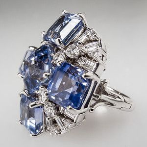 25 Carats Blue Sapphire & Diamond Cluster Cocktail Ring Solid 14K 
