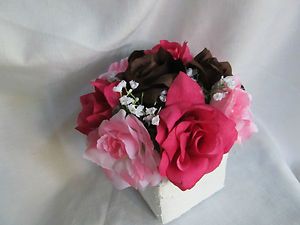   Brown Hot Pink Camo Silk Flower Cake topper Centerpiece Wedding Bridal