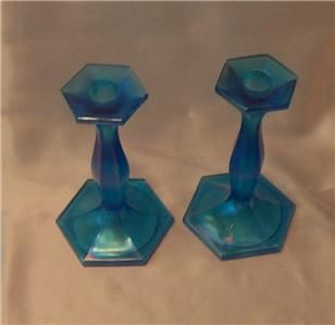 Vintage Fenton Celeste Blue Stretch Glass Candlesticks
