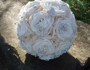 Rhinestone Wedding Bouquet Bridal Cream Roses Fabric Flower New Non 