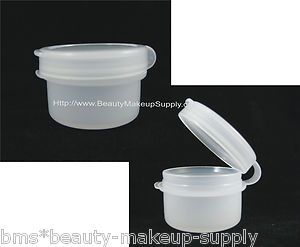 50 PLASTIC COSMETIC SAMPLE HINGED JARS ATTACHED LID CONTAINERS 5 GRAM 