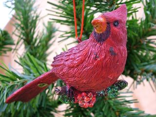 New Cardinal Bird on Holly Branch Christmas Ornament