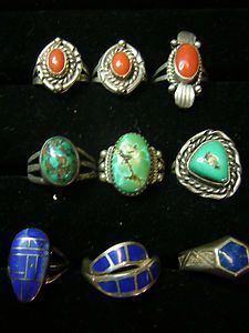 LOT #4 TURQUOISE, LAPIS, CORAL STERLING RINGS (9)