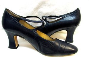 1920s Inspired Caressa Black Leather Heels Pumps Shoes 10 M