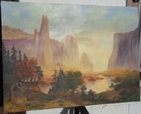Large Antique Landscape Painting Canyon Lake Forest Old