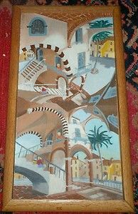 PAINTING IN THE STYLE OF M.C. ESCHER, Courtyard Scene In Multiples (On 