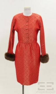 Carolina Herrera Red & Gold Brocade Fox Fur Cuff Sheath Dress
