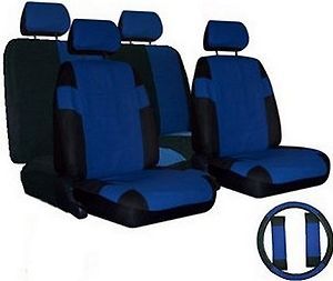BLUE BLACK Car Seat Covers SET w/ Steering Wheel Cover & Belt Shoulder 