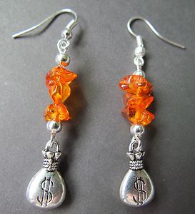 Money Bag Earrings with Amber Gold Nugget Chip Beads Tibetan Silver 