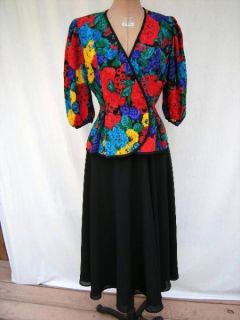 Vintage Carol M Studio 100 Silk Print Jacket Black Swing Skirt Dress 