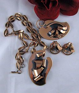 Vintage Rame Copper Pin Earrings Necklace Set Cat Rescue