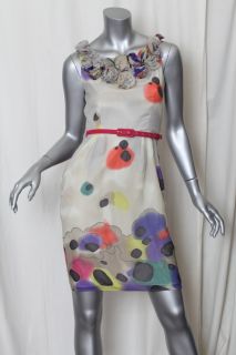 CATHERINE MALANDRINO Watercolor SILK Rosette Belted Dress NEW 4