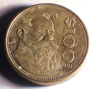 Mexico 1991 $ 100 Pesos Coin V Carranza AU