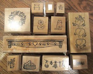 Wooden Rubber Stamp Lot Country Shelf Flowers Cat Boxes