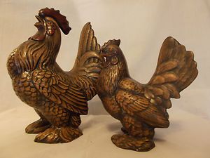 Pair of Large Vintage Ceramic Chicken Figurines Rooster and Hen