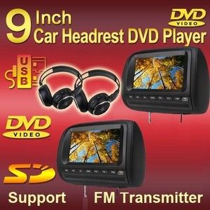 Black 2x9 HD LCD Headrest Car CD DVD Players Monitor Wireless Game IR 