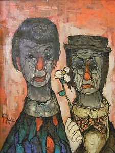 1960s Cubist Hugo Casar Mid Century Oil Painting   Two Clowns