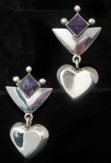 Mimi Castillo Mexican Silver Amethyst Dangle Heart Earrings Gorgeous 