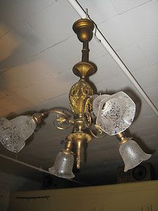 1900s Antique Bronze Chandelier Lamp Etched Shades