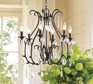 POTTERY BARN CELESTE WROUGHT IRON 6 ARM CHANDELIER WITH CRYSTALS
