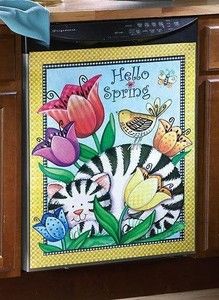 Hello Spring Flowers Cat Dishwasher Magnet Cover Bird Black And White 