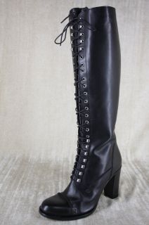 Charles David Black Leather Regiment Lace Up Tall Knee Boots Sz 8 $495 