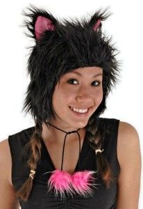 New Black Catarina Cat Ear Hat Fuzzy Faux Fake Fur Pom Poms Burning 