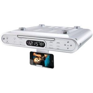   kitchen counter cabinet cd player radio clock home stereo audio system