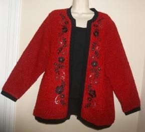 Cathy Daniels Red / Black Floral Embroidery 2 Fer Cardigan SWEATER Top 