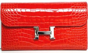 Hermes Geranium Red Alligator Croc Constance Clutch Wallet Birkin Bag 