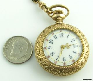 New England Cavour Open Face 3/0S Pocket Watch & Chain   Gold Filled 