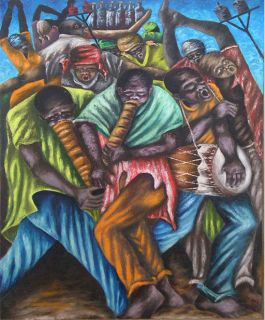 Charles Obas RARE Listed Haitian Primitive Musicians Oil on Canvas 