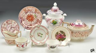   English Pink Lustre Tea Pot Jar Salad Fruit Plates Tea Cups Sauce Boat