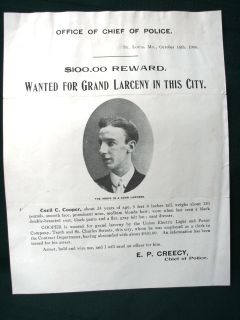   Missouri Police Wanted Poster Cecil Cooper 1906 orig Chief Creecy