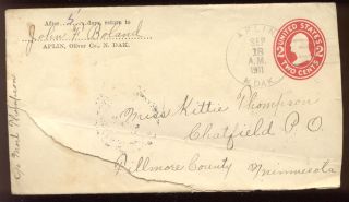 1911 Cover Aplin ND to Chatfield MN Discontinued Post Office DPO 1906 
