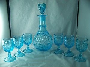 WRIGHT MOON AND STAR ICE BLUE DECANTER AND (6) SIX 3 OZ.WINE 