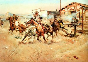 1908 Charles M Russell Painting Wild West Gun Fight Cowboys Western 