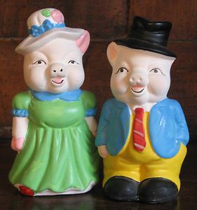 Pair of Vintage Hand Painted Bisque Man Woman Pig Piggy Banks