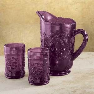 Amethyst Purple Pitcher Juice Glasses Cherry Pattern Depression Style 
