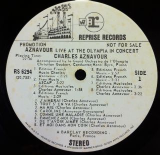 CHARLES AZNAVOUR live at the olympia in concert LP VG+ WLP RS 6294 