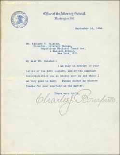 Charles J Bonaparte Typed Letter Signed 09 15 1908